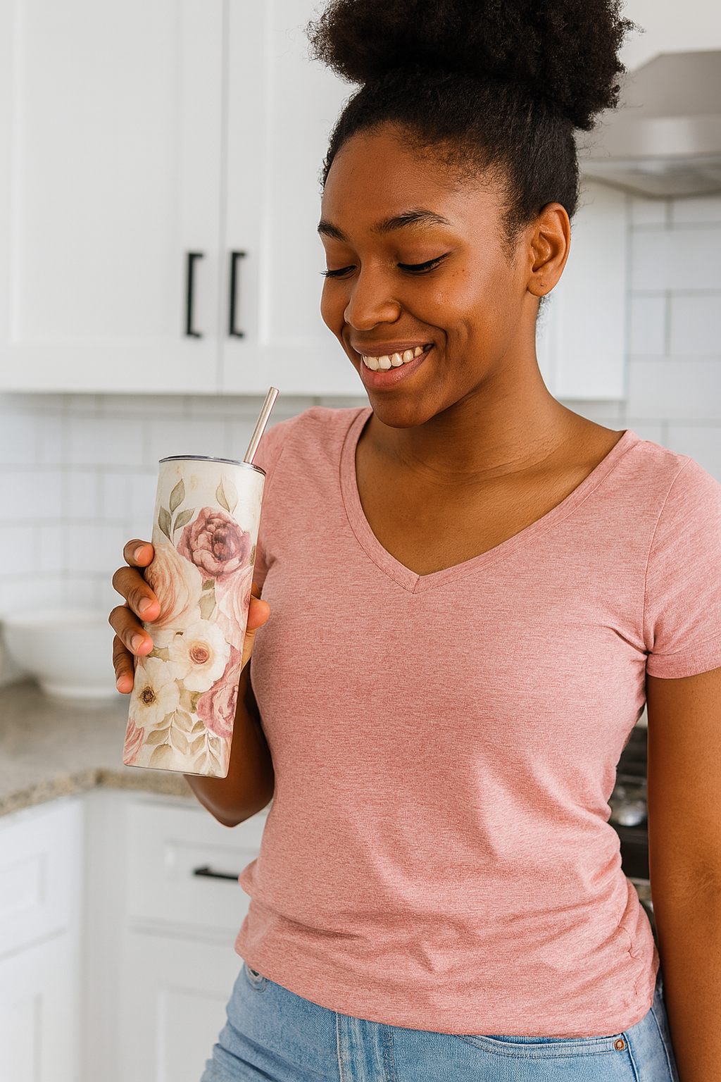 Custom Blush Floral Skinny Tumbler by K&M Print Works