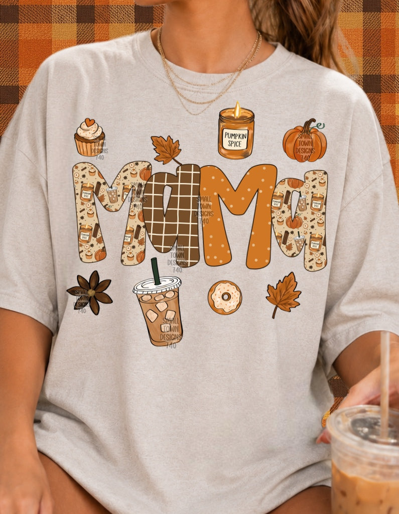 Mama Pumpkin Spice Graphic T-Shirt design shown on a model