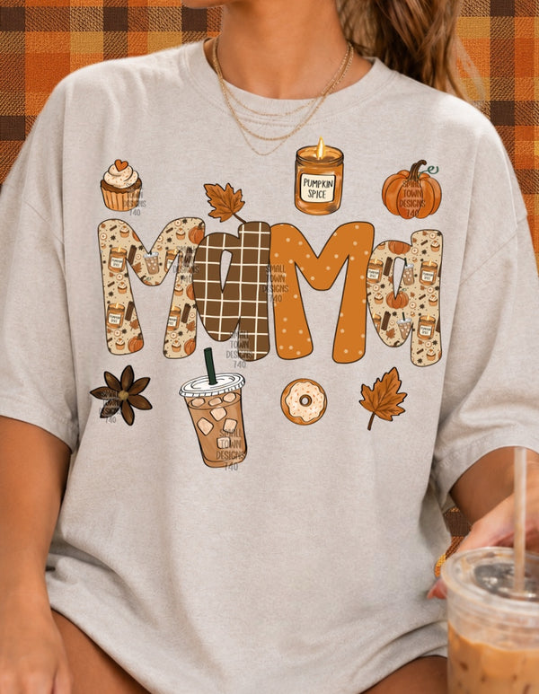 Mama Pumpkin Spice Graphic T-Shirt design shown on a model