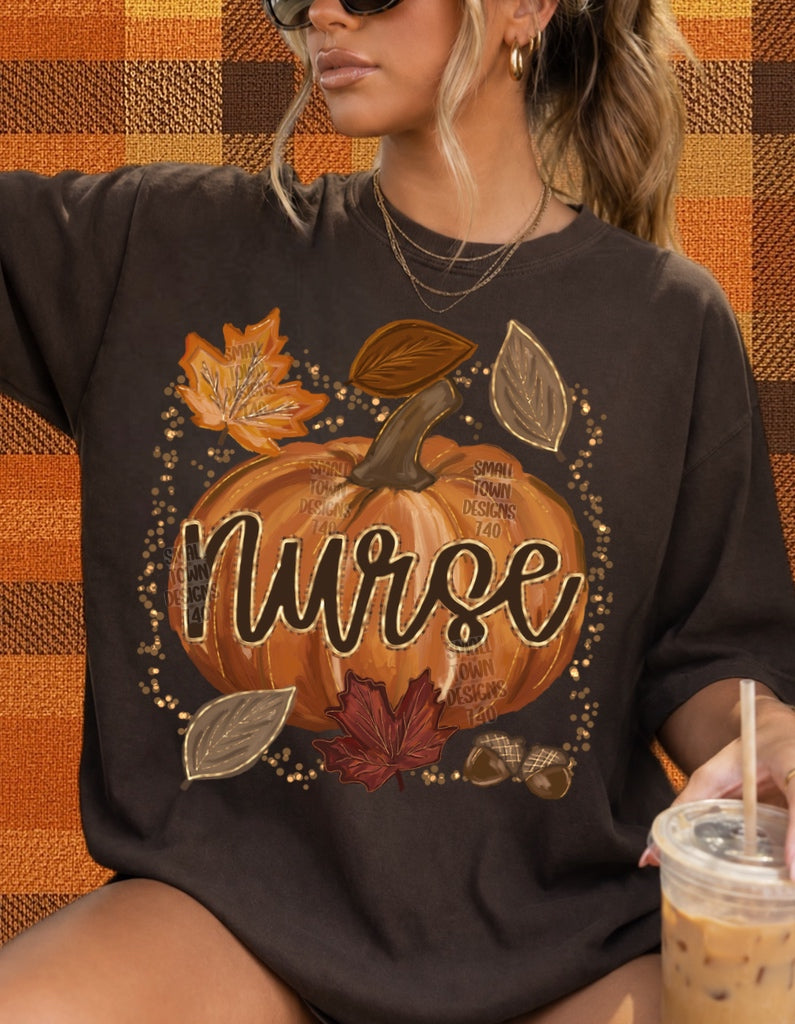 Nurse Autumn Pumpkin Graphic T-Shirt design shown on a model