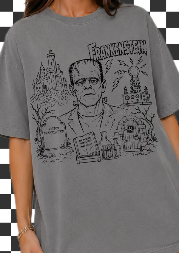 Frankenstein Laboratory Line Art Graphic T-Shirt graphic mockup