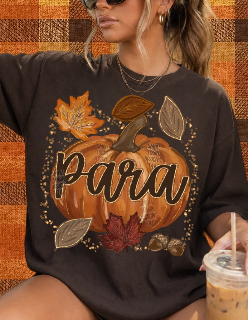 Para Autumn Pumpkin Graphic T-Shirt design shown on a model