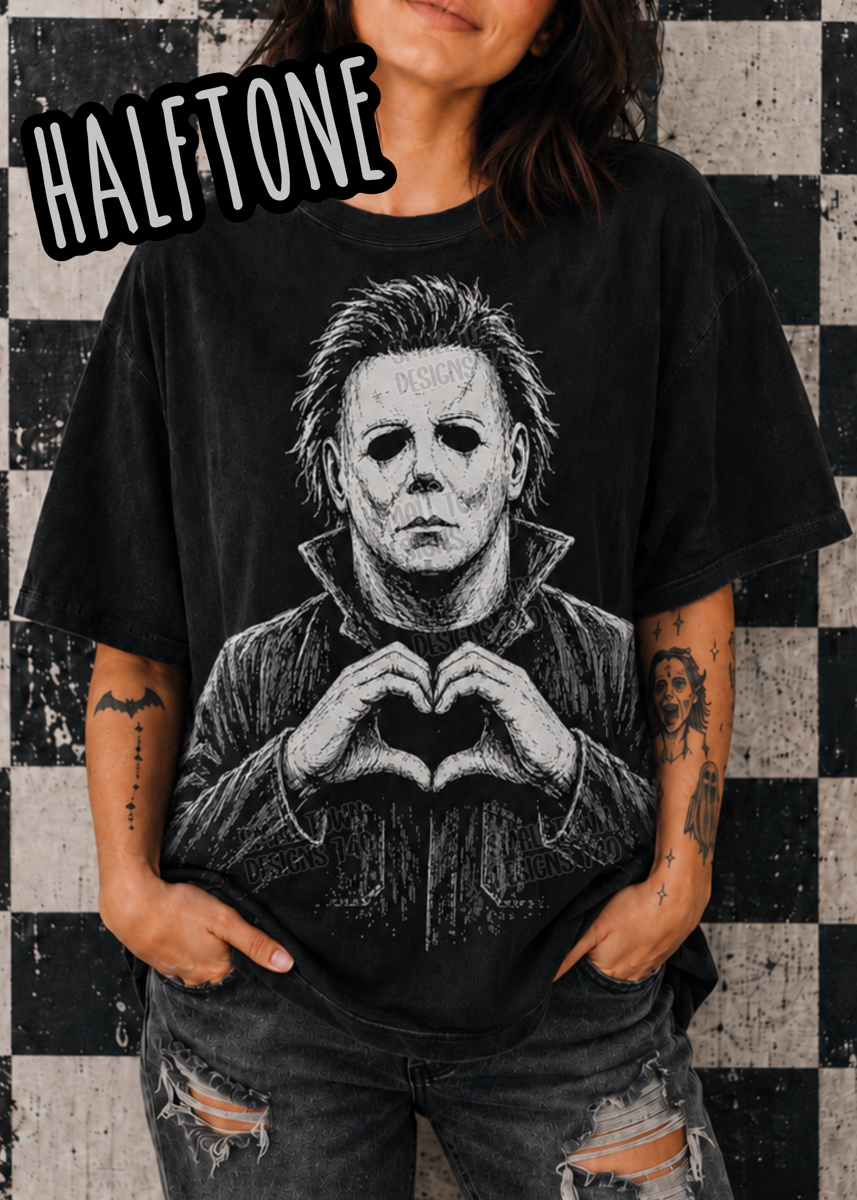 Michael Myers Heart Hands Halftone Graphic T-Shirt graphic mockup