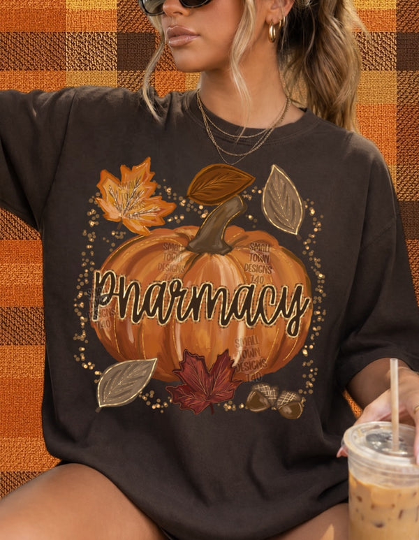 Pharmacy Autumn Pumpkin Graphic T-Shirt design shown on a model