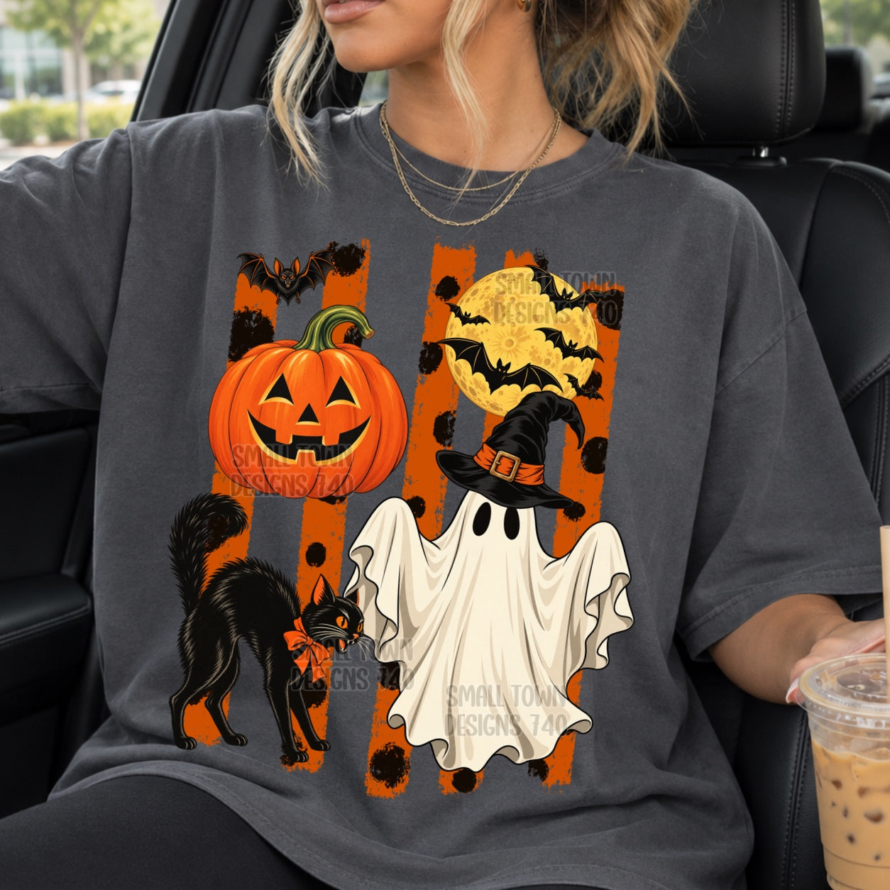 Halloween Ghost Black Cat and Pumpkin Graphic T-Shirt graphic mockup