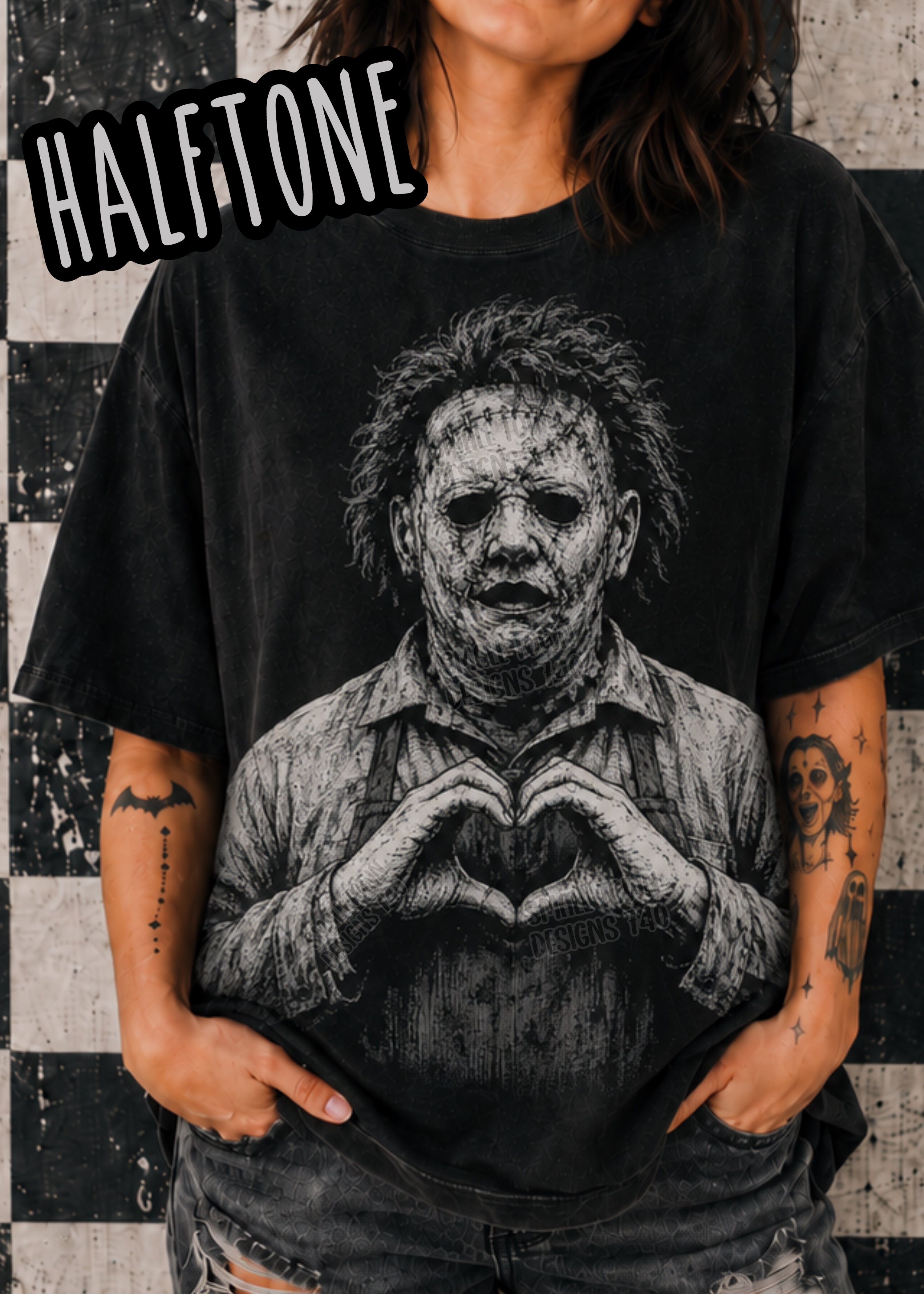 Leatherface Heart Hands Halftone Graphic T-Shirt graphic mockup