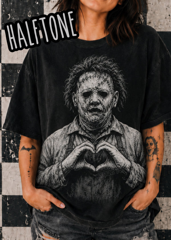 Leatherface Heart Hands Halftone Graphic T-Shirt graphic mockup