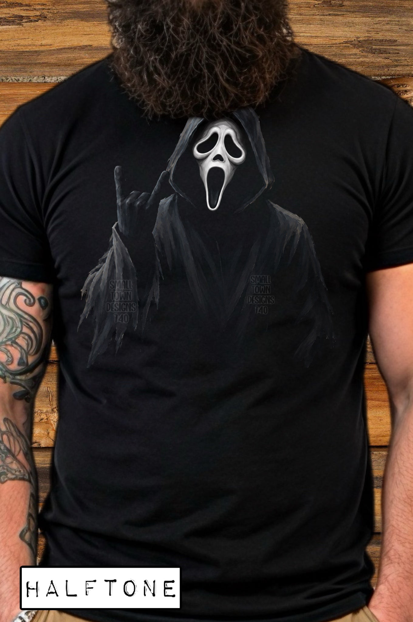 Ghostface Hand Gesture Halftone Graphic T-Shirt graphic mockup
