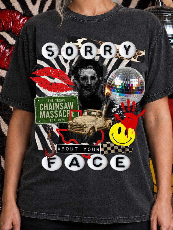 Sorry About Your Face Leatherface Collage Graphic T-Shirt graphic mockup