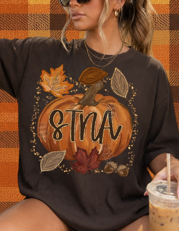 STNA Autumn Pumpkin Graphic T-Shirt design shown on a model