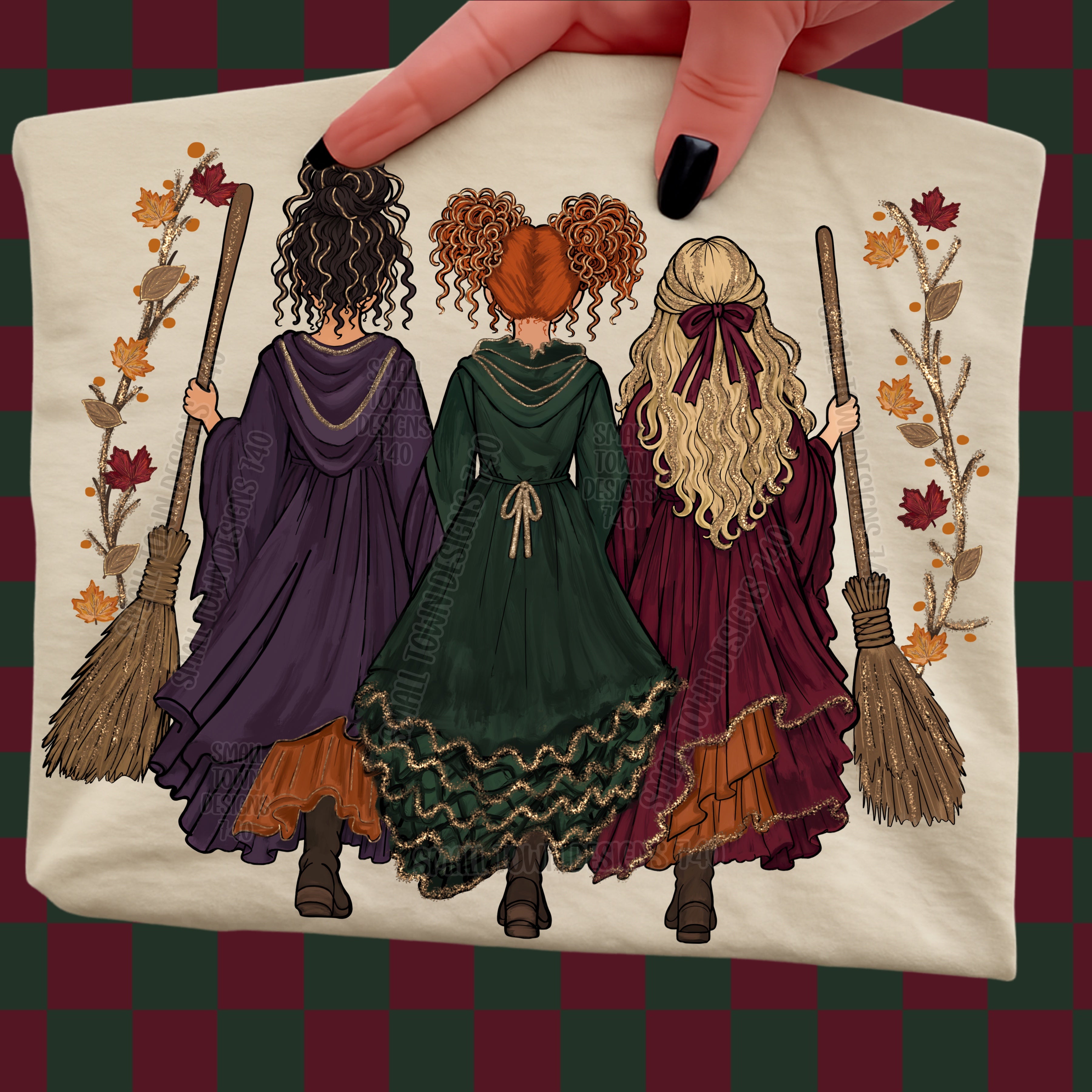 Autumn Witch Sisters Broom Trio Graphic T-Shirt graphic mockup