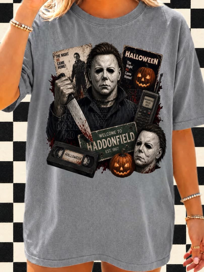 Michael Myers Haddonfield Collage Graphic T-Shirt graphic mockup