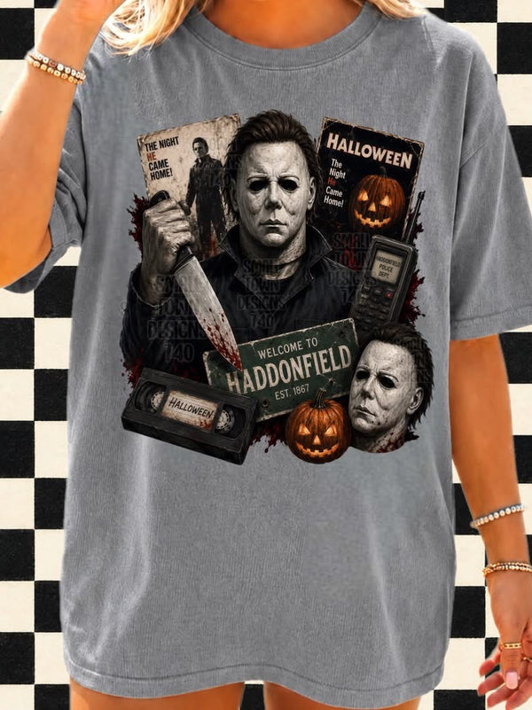 Michael Myers Haddonfield Collage Graphic T-Shirt graphic mockup