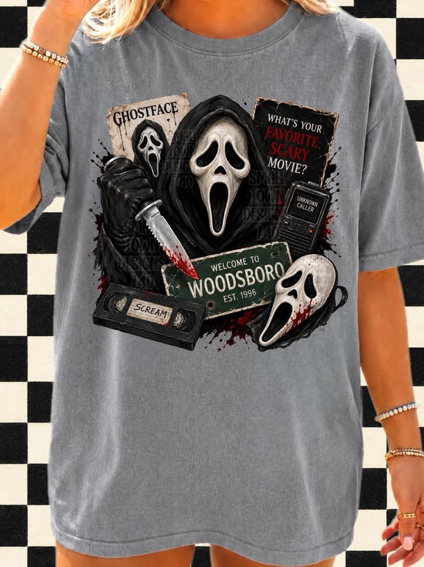 Ghostface Woodsboro Collage Graphic T-Shirt graphic mockup