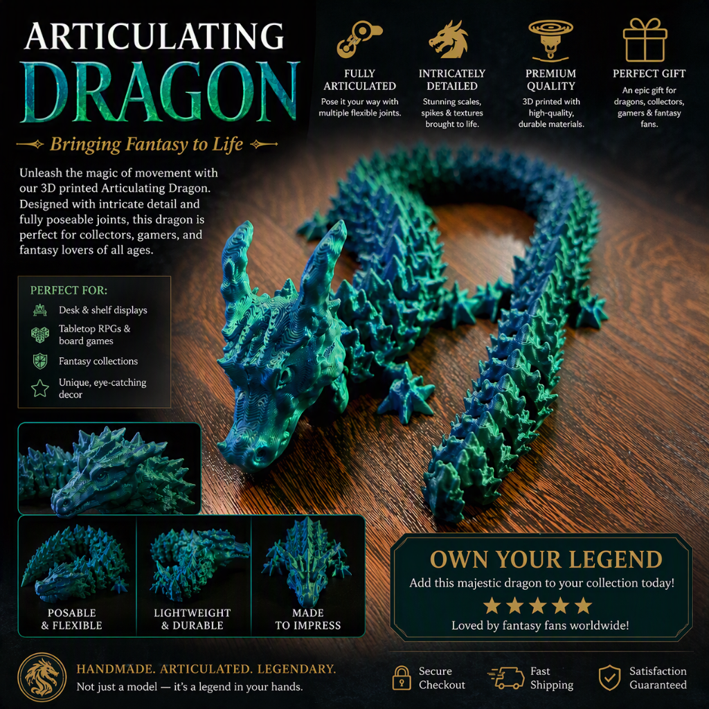 Marketing image of a blue and green articulating dragon with detailed scales, spikes, and a flexible segmented body.