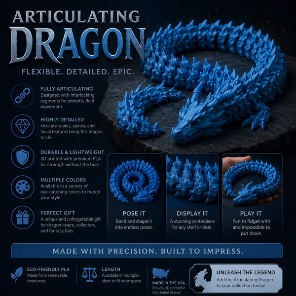 Blue articulating dragon marketing image showing its coiled body and detailed head.