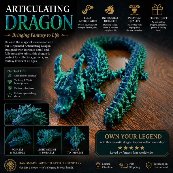 Marketing image of a blue and green articulating dragon with detailed scales, spikes, and a flexible segmented body.