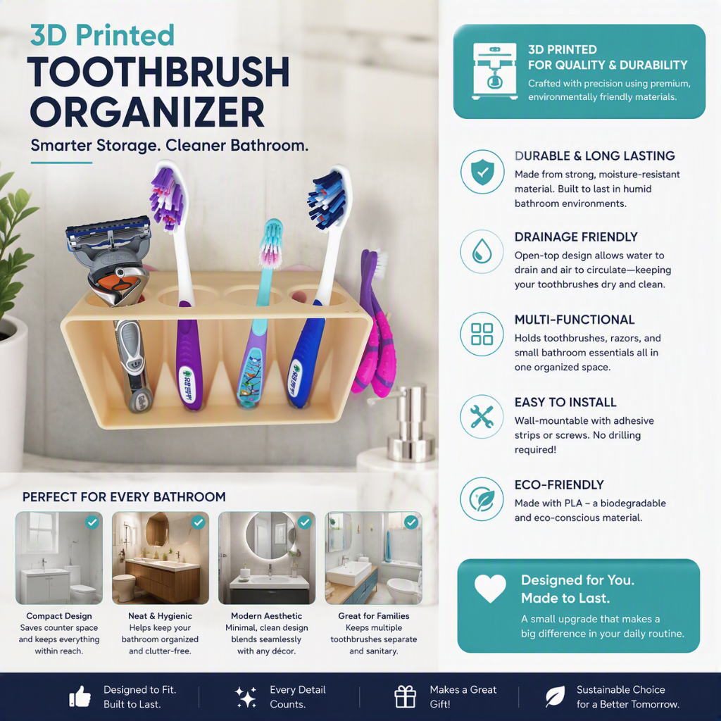 Marketing image showing a wall-mounted toothbrush organizer holding toothbrushes and a razor.
