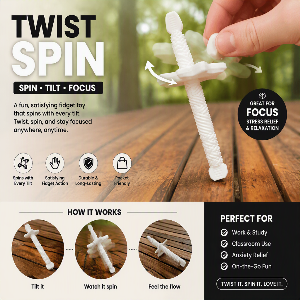 White Twist Spin fidget toy with a star-shaped spinner on a threaded rod, showing tilt-and-spin play.