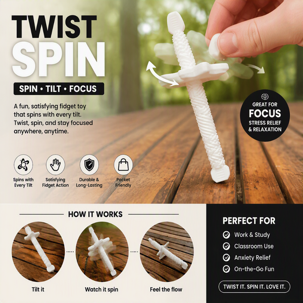 White Twist Spin fidget toy with a star-shaped spinner on a threaded rod, showing tilt-and-spin play.