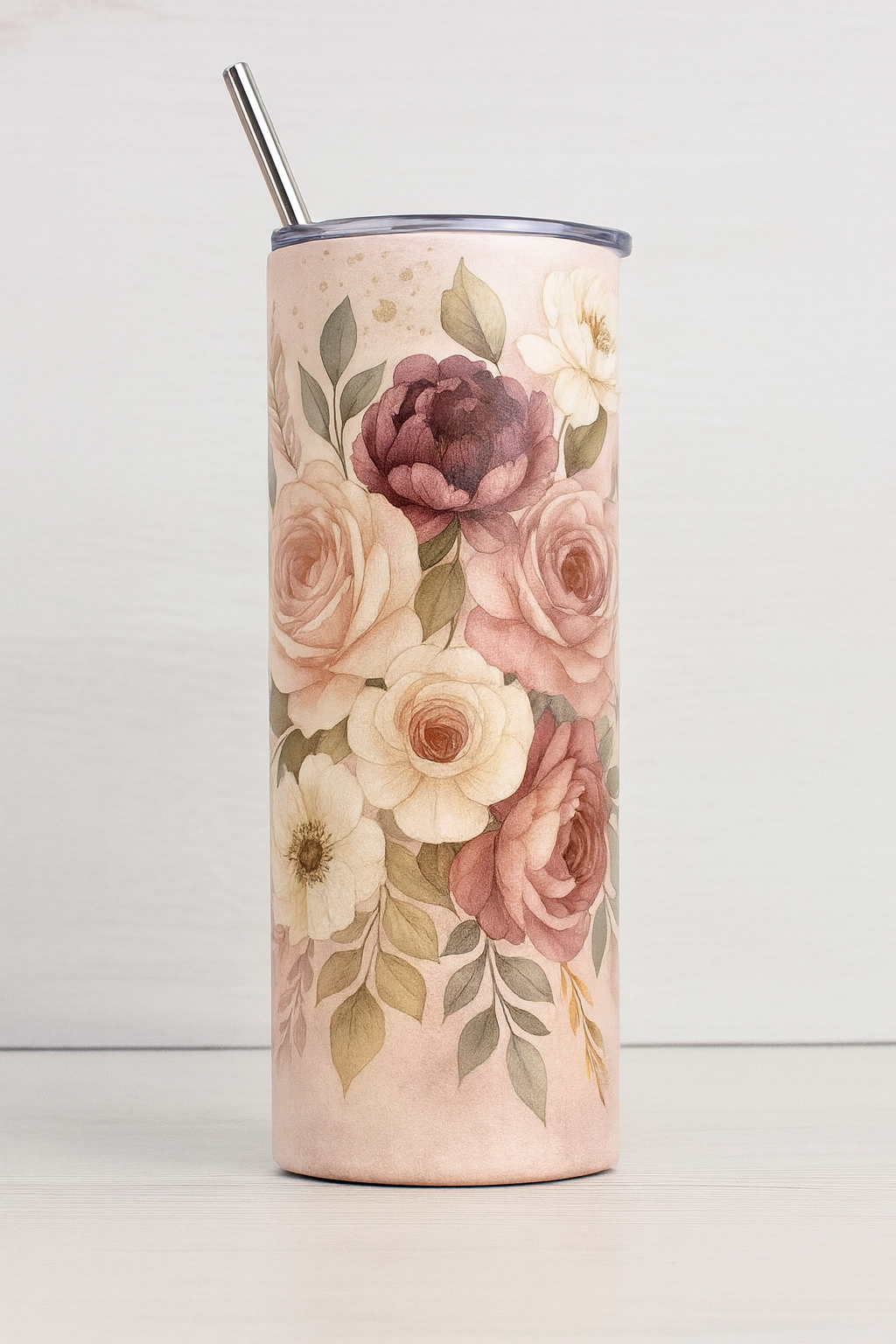 Custom Blush Floral Skinny Tumbler by K&M Print Works